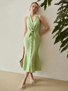 MOTF PREMIUM 亚麻正面结饰连衣裙 - 綠色 - 查看 8