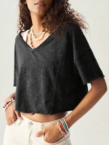 SHEIN BohoFeels Boho Women Casual Solid Color V-Neck Short Sleeve Loose T-Shirt - Black - View 7