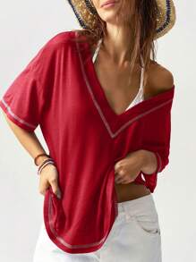 Bohemela Solid Color V-Neck Short Sleeve Loose Casual T-Shirt For Women