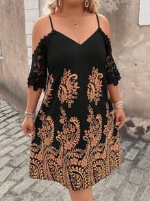 Breezaya 大码 V 领蕾丝袖连衣裙