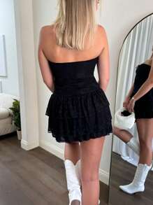 Women Floral Lace Bow Decor Ruffle Hem Tube Dress - Black - View 3
