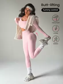 SHEIN Dewbera Bộ đồ thể thao ngắn dài & áo phông và quần legging tập luyện cho nữ Bộ đồ tập legging cho nữ Bộ đồ tập gym cho nữ - Hồng - Xem 1