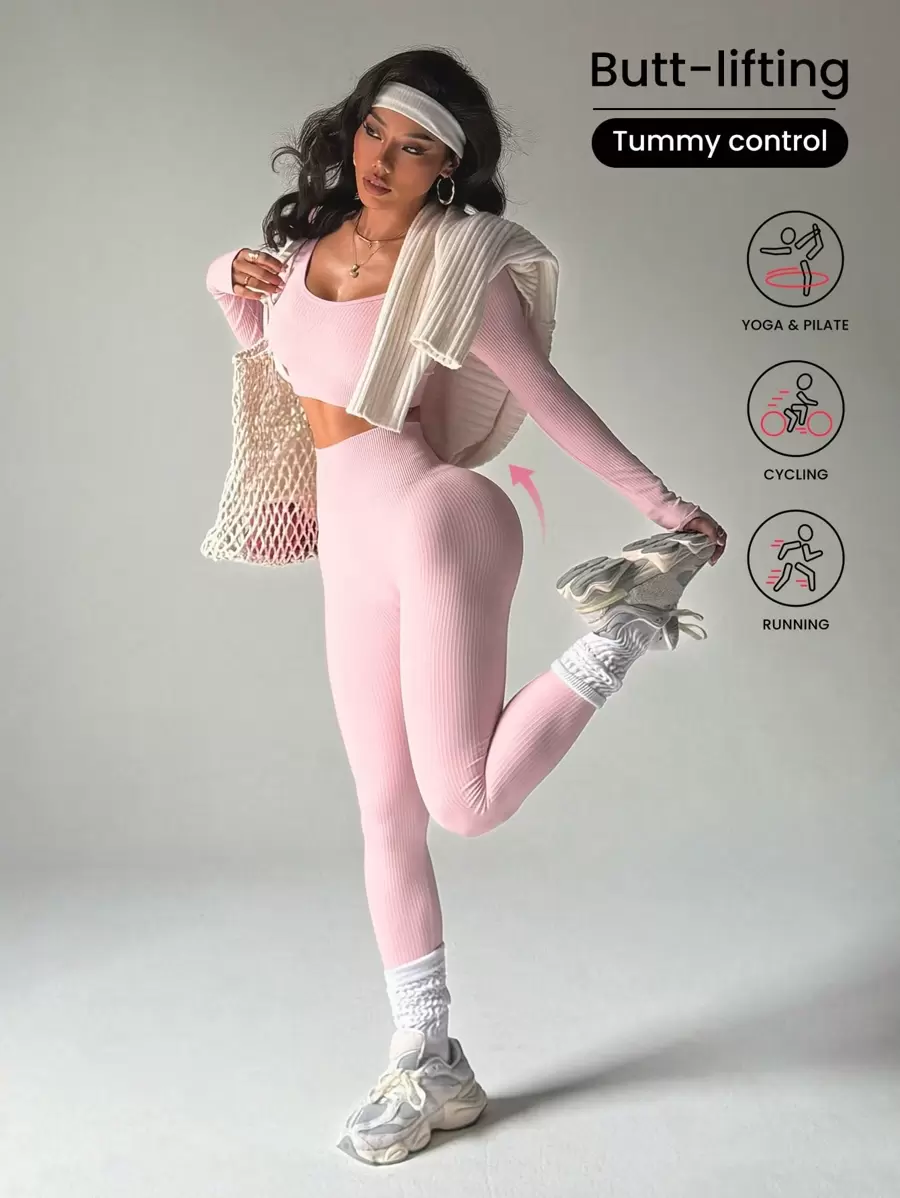 SHEIN Dewbera Bộ đồ thể thao ngắn dài & áo phông và quần legging tập luyện cho nữ Bộ đồ tập legging cho nữ Bộ đồ tập gym cho nữ - Hồng - Xem 1