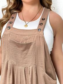 SHEIN Essnce Plus Size Women's Spring And Summer Fashion Casual Loose Comfortable Cool Light Daily Khaki Texture Fabric Overalls,Curve Pants,Western Clothes For Women,Boho Women Clothing,Going Out Outfits,Vacation Outfits Woman,Women Jumpsuit - Khaki - View 2