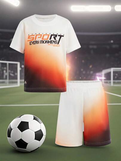 SHEIN 男童夏季运动套装 宽松网眼弹力快干面料 圆领短袖T恤+短裤 舒适透气 渐变字母与图形印花 适合户外活动、跑步、日常穿着