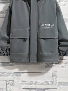 SHEIN 宽松版型字母印花连帽保暖内衬编织夹克，适合运动造型 - 灰色 - 查看 5