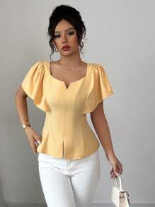 Elenzga Chemise à manches courtes élégante et cintrée à la taille, de couleur unie, simple et , convenant pour l'été - Jaune citron - Voir 6