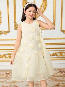 Elegantes ärmelloses Kleid mit 3D-Blumenmuster aus Organza-Patchwork in A-Linie für Tween-Mädchen - Aprikosenfarben - Übersicht 7