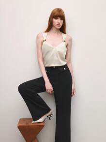 SHEIN BIZwear 女士优雅休闲工作装、约会、通勤、度假金属扣黑色裤子，春夏 - 黑色 - 查看 1