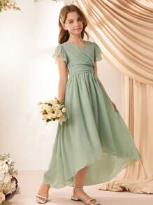 Tween Girls V-Neck Solid Color Ruched Cap Sleeve A-Line Dress, Elegant For Party, Wedding, Flower Girl/Bridesmaid, Holiday - Green - View 8