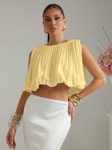 Lumalex Sleeveless Crew Neck Ruched Bubble Hem Crop Top For Women - Yellow - View 7