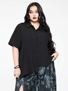 ROMWE Goth Casual Asymmetrical Hem Plus Size Linen Shirt Plus Size Women Outfits Summer Outfits For Women ,Summer ,Summer Clothes , Cute Summer Tops,Women's Concert Costumes, Rave Costumes, Carnival Costumes, Country Concert Costumes - Black - View 5