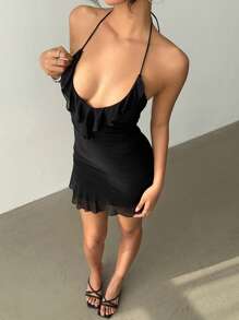 Aloruh 女士黑色露背系带荷叶边下摆迷你连衣裙女士夏季服装优雅度假服装女士休闲西装性感复活节服装狂欢服装节日毕业礼服 - 黑色 - 查看 4