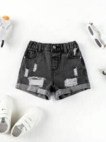 SHEIN Young Girl' Casual Versatile Wide Leg Loose Ripped Cuffed Denim Shorts - Black - View 1