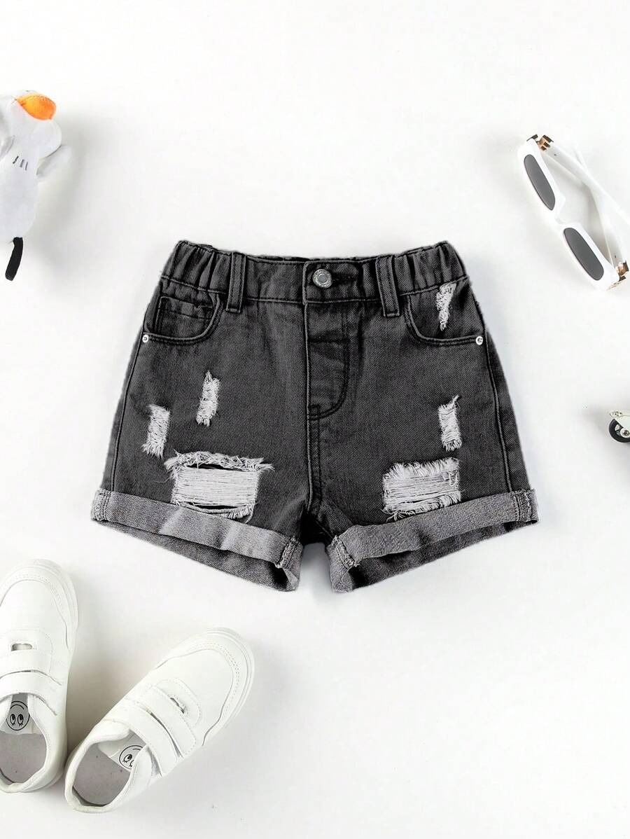 SHEIN Young Girl' Casual Versatile Wide Leg Loose Ripped Cuffed Denim Shorts - Black - View 1