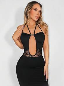 Zolique Ladies' Knitted Rope Lace Splicing Sexy Black Backless Dress - Black - View 7