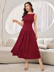Modelyn Vestido midi elegante de mujer con cuello redondo, sin mangas y diseño de botones en unicolor - Burdeos - Ver 5