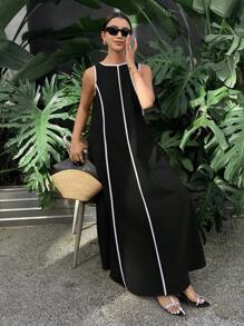 Serisse Women's Solid Color Sleeveless Loose Long Dress, Color-Conflicting Panels Extra Long Dresses Resort Dresses For Women Summer Dresses For Women Women Maxi Dresses Black Vacation Casual Holiday