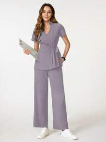 TaskEZ 女士 2 件套纯色 V 领短袖衬衫和裤子/护理手术服 - 紫色 - 查看 6