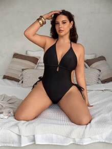 Swim Vcay Plus Size Women Minimalist Sexy Black Solid Color Deep V-Neck One-Piece Swimsuit, Beachwear For Summer Beach Vacation - Black - View 5