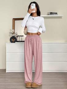 SHEIN EZwear 女士纯色抽绳腰阔腿宽松休闲运动裤 - 粉色 - 查看 4