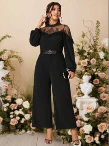 SHEIN Belle Plus Size Stand Collar Lace & Mesh Panel Lantern Sleeve Loose Straight Leg Jumpsuit, Casual & Elegant For Outing & Party