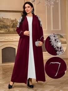 Al Najma Plus Size Women Floral Faux Pearl Abaya, Modest Robe - Burgundy - View 1