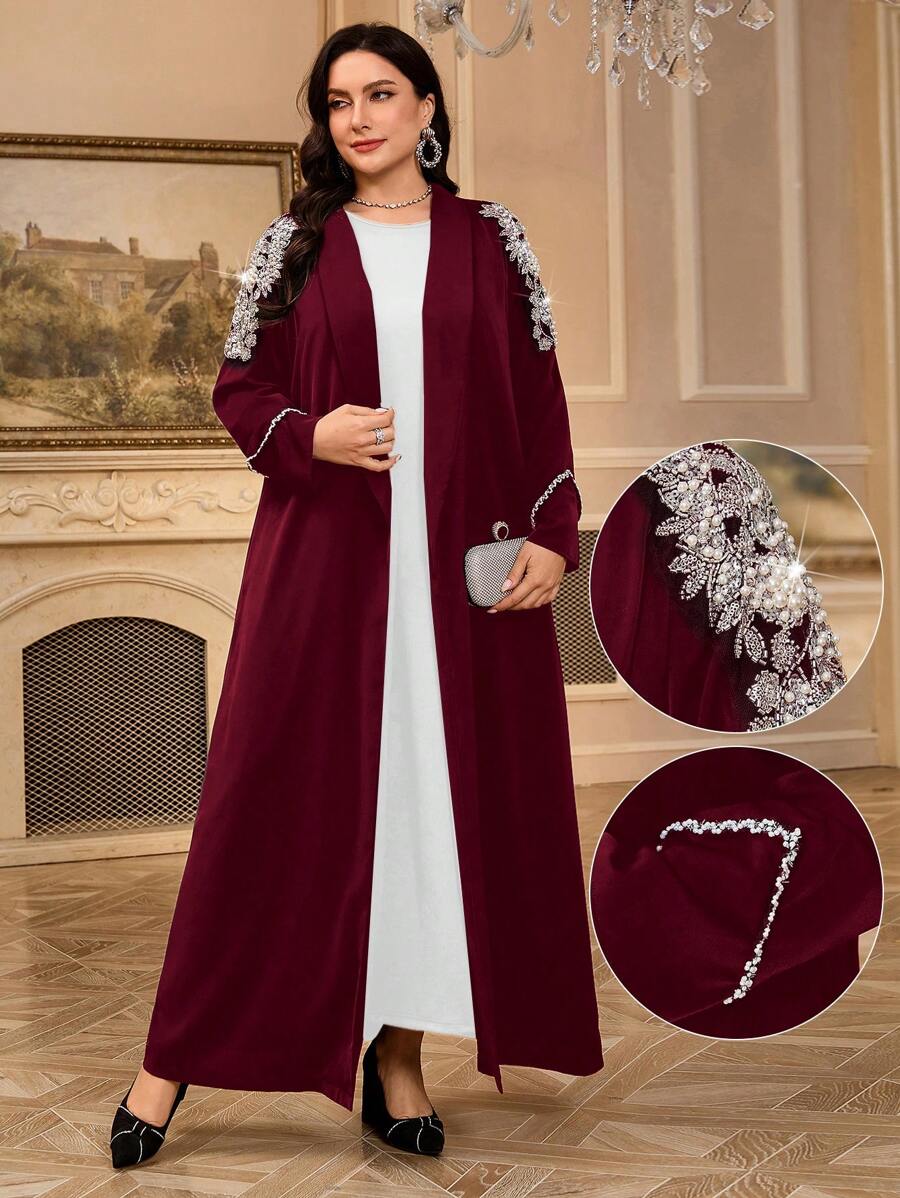 Al Najma Plus Size Women Floral Faux Pearl Abaya, Modest Robe - Burgundy - View 1