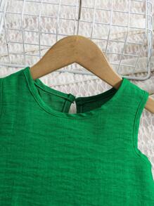 Set de 2 piezas con top sin mangas con volantes + pantalones anchos para niñas, outfit casual de vacaciones en la playa, a juego con hermana, azul - Verde - Ver 6