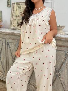 CottageSlumber Plus Size Romantic Lace Patchwork Bubble Crinkle Cherry Print Pajama Set - Apricot - View 4