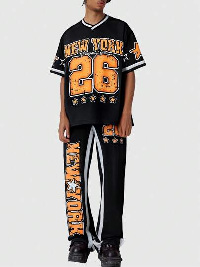 Prep 2pcs Men's Brand Sports Letter Print Short Sleeve Football Jersey Style T-Shirt And Drawstring Long Pants Set