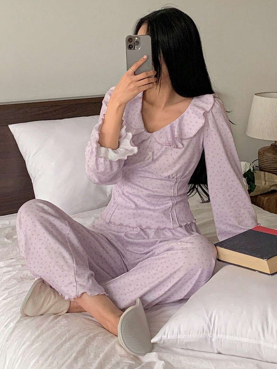 DAZY Ditsy Floral Ruffled Hemline Wavy Edge Design Loose Cropped Top And Straight Leg Loose Pants Set, Sleepwear - Purple - View 1