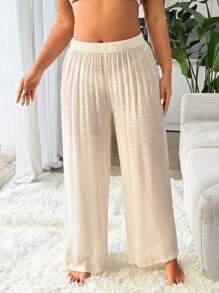 Swim Vcay 女式大码休闲纯色上衣和裤子套装 - 杏色 - 查看 5