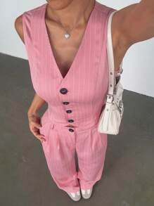 SHEIN Unity Sleeveless Striped Vest And Trousers Suit, Minimalist Fashion Design Suitable For Summer - Pink - View 3