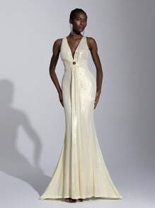 Elitara 优雅奢华涂层裹身弹力针织褶饰性感 V 领鱼尾裙，适合婚礼、派对、度假、舞会、晚会（装饰风格）、正式、派对礼服、礼服，适合婚礼宾客