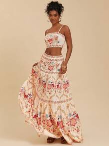 Travachic 2 件女式梭织印花背心和长裙套装，春夏，女士夏季服装，女士沙滩服装，女士西部服装，春假，女士音乐会服装，波西米亚风，狂欢服装，热带度假，节日，浪漫夏季女士两件套服装 - 卡其色 - 查看 1