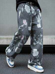 Manfinity Hypemode Men's Floral Print Straight Leg Relaxed Fit Casual Jeans - Grey - View 1