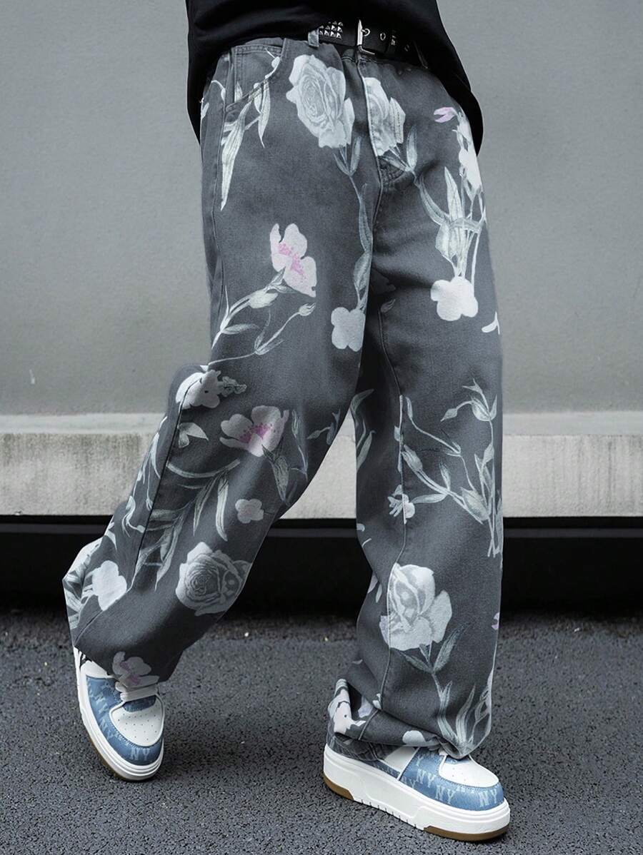 Manfinity Hypemode Men's Floral Print Straight Leg Relaxed Fit Casual Jeans - Grey - View 1