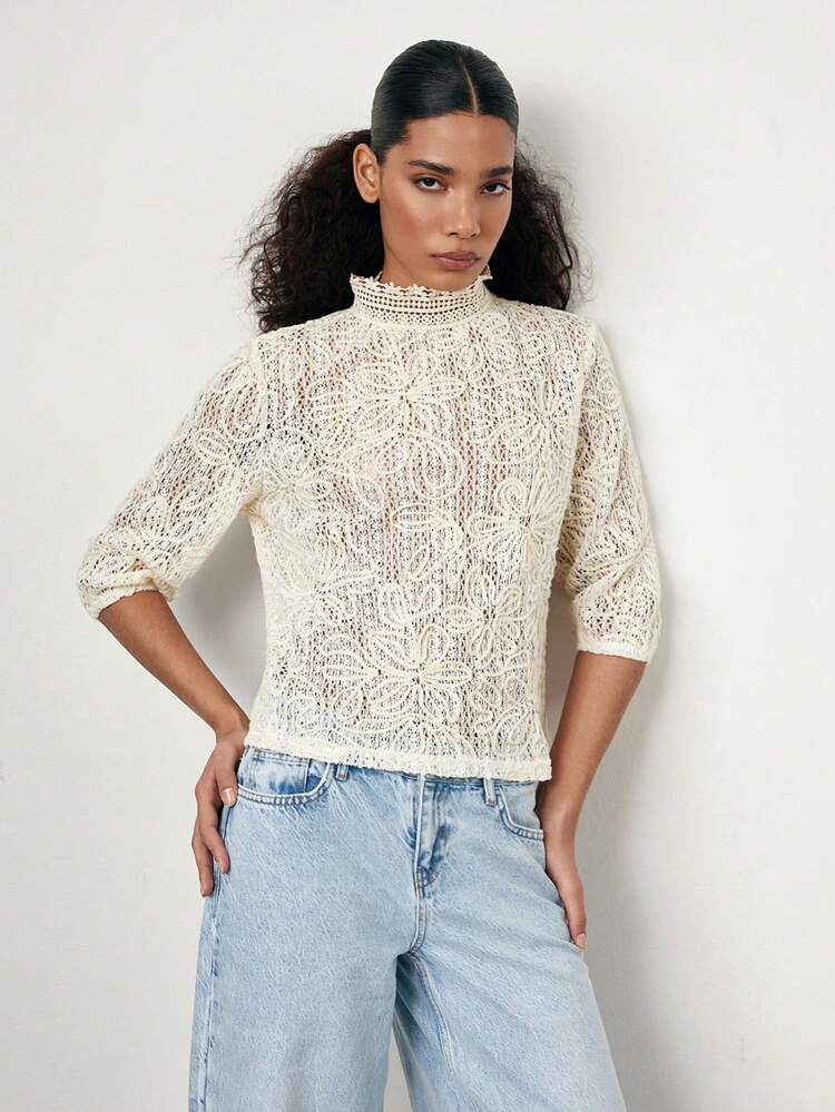 SHEIN Maija 2025 Summer New Lace Stand Collar Mid-Length Sleeve Textured Embroidery Semi-Sheer Lace Fabric Music Festival Beach Resort Casual Romantic Urban Resort Suitable For Outings, Parties, Weddings, Guests, Retro Styled, Graduation Season Ladies Top