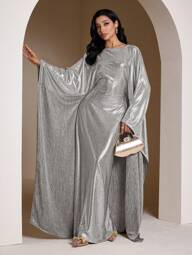 Veilorie Women Elegant Arabic Style Slim-Fit Long Sleeve Round Neck Dress Modest