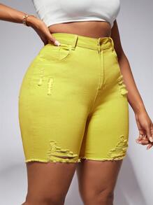 SHEIN 大码女式口袋破洞紧身休闲牛仔短裤夏季女装节日服装优雅休闲骑行短裤 - 黃色 - 查看 4
