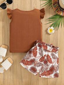 SHEIN 2pcs/Set Young Girls Solid Color Sleeveless Round Neck Top And Shorts Set - Khaki - View 2