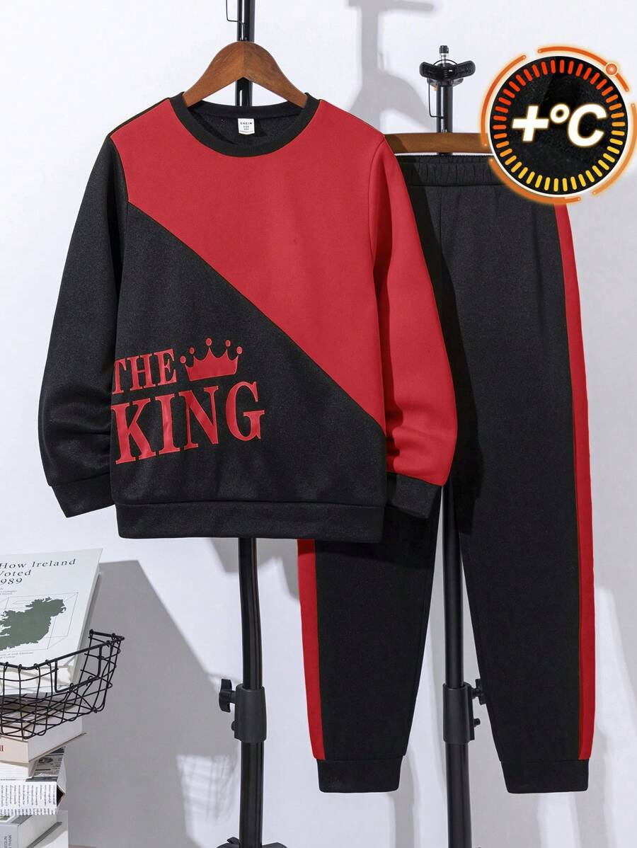 2 件套 Tween 男童休闲学院风字母印花撞色拼接圆领运动衫和裤子针织套装 - 紅色 - 查看 1