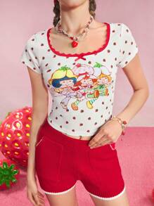 Strawberry Shortcake X SHEIN Women's Strawberry & Cartoon Graphic Casual French Pastoral Cute Square Neck Lace Trim Bowk Decor Short Sleeve Slim Cropped T-Shirt - White - View 6