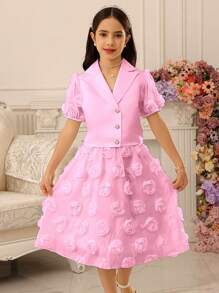 Tween Girl Pearl Button Collar Puff Sleeve Shirt And Cutwork Skirt Two Pieces Set - Pink - View 8