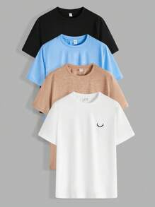 SHEIN Set de 4 camisetas de manga corta de punto holgadas de cuello redondo en color liso para adolescentes