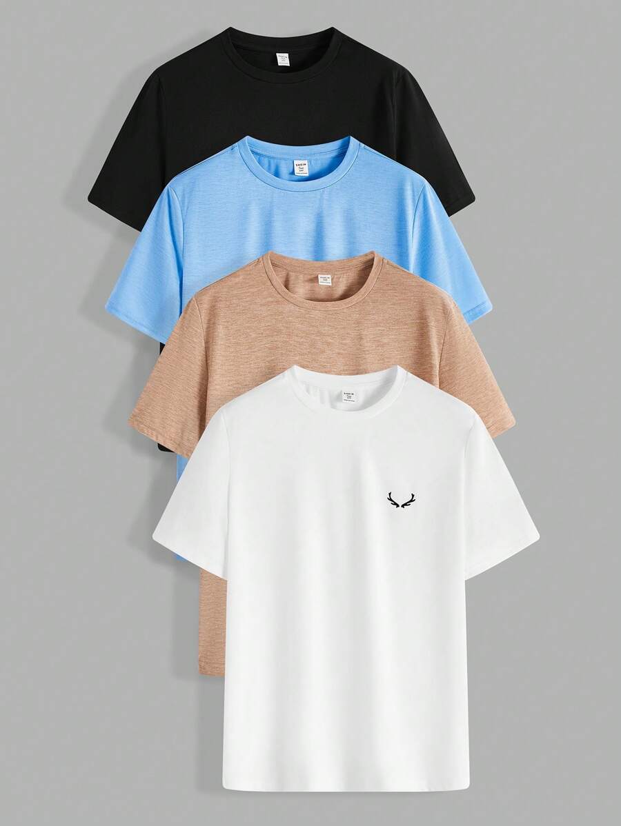 SHEIN Set de 4 camisetas de manga corta de punto holgadas de cuello redondo en color liso para adolescentes