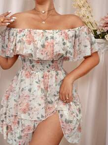 Flirla Plus Size Off Shoulder Romantic Floral Layered Cake Dress - Yellow - View 5