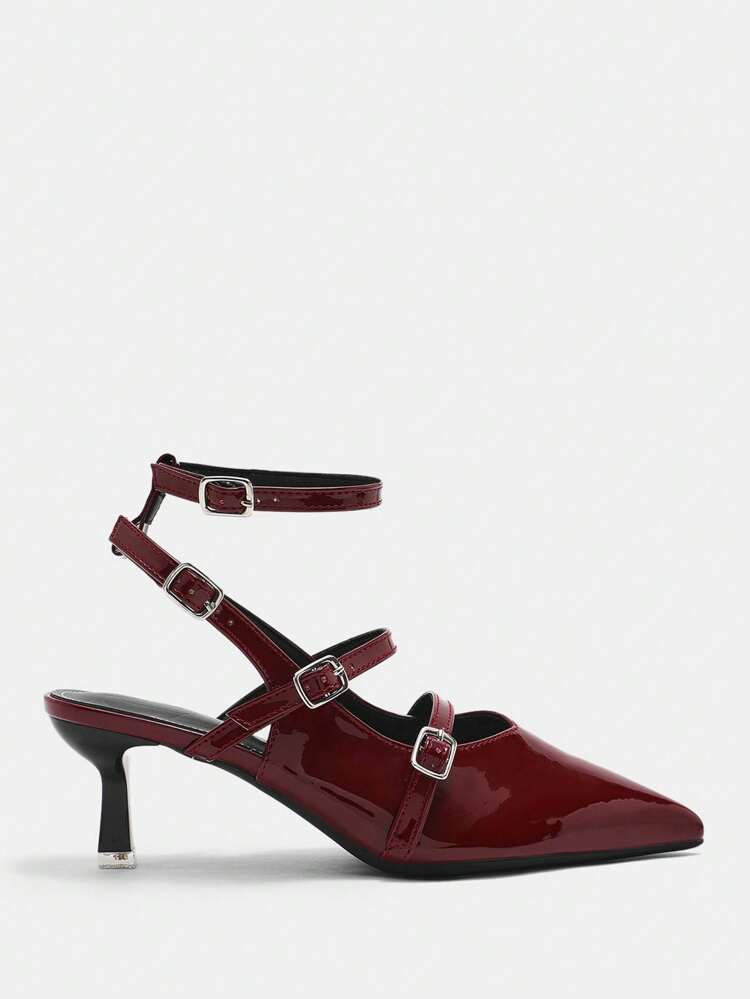 CUCCOO CURVES Plus Size Wide-Fit Pointed Toe High Heel Elegant Wine Red Multi-Strap Summer & All Season Sandals