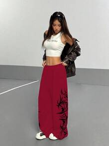 StreetHx 女式复古涂鸦花卉印花宽松直筒休闲运动裤